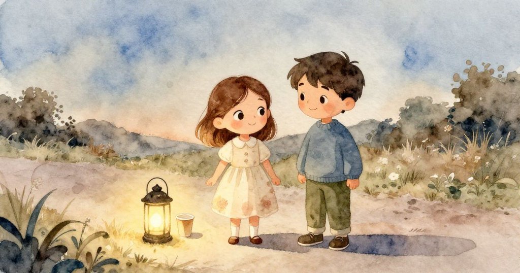 伊莉絲與格里芬在傍晚的小徑上重逢，燈籠穩定發光，紙杯恢復原位，表情溫暖安心，結局充滿和解與希望。