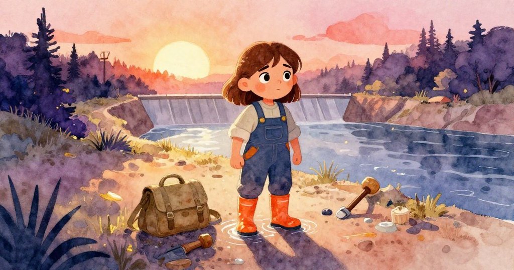 奧娜在小壩邊站立，攜帶工具與舊襯袋，清晨陽光映照水面，展現期待與堅定。