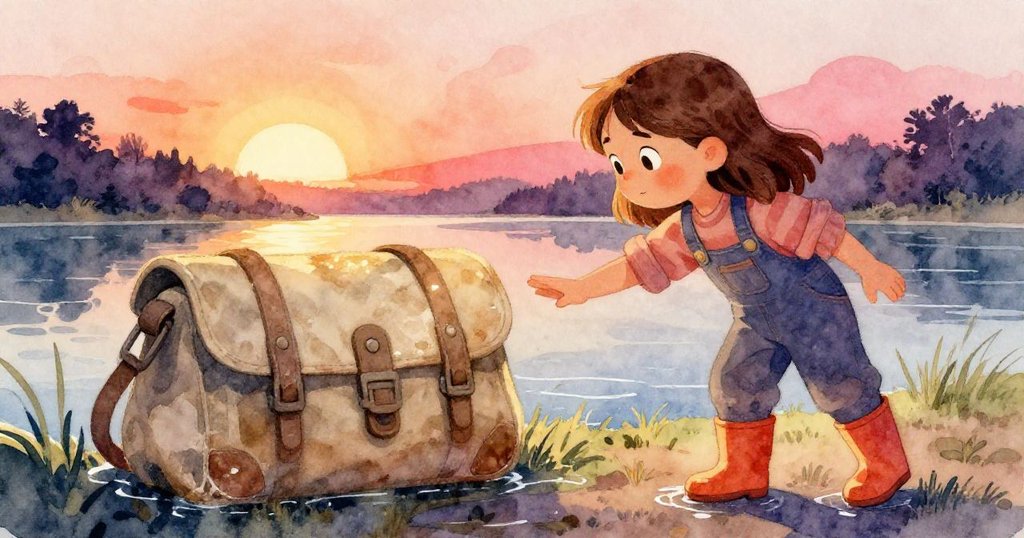 奧娜輕觸舊帆布襯袋，工具閃耀在晨光裡，傳統情懷溫暖展現於水邊。