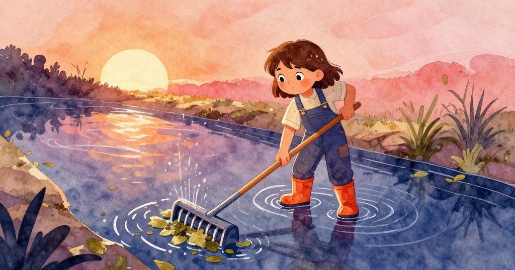 奧娜於水輪站上揮動耙子清理葉片，高位視角呈現水花與專注神情，流露堅毅。