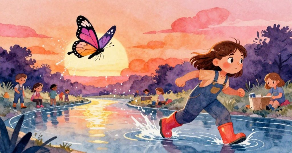 奧娜工作間蝴蝶靈動穿梭於水花中，陽光閃耀動態捕捉大自然魔法與活力。