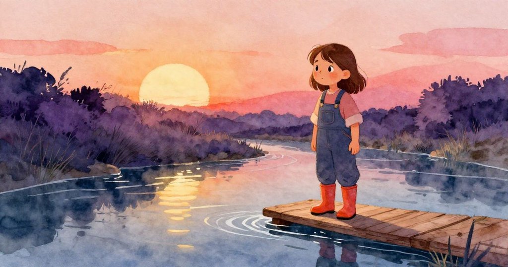 奧娜靜立水板上，溫暖光線與柔和水流營造圓滿寧靜，展現努力後的滿足與新啟。