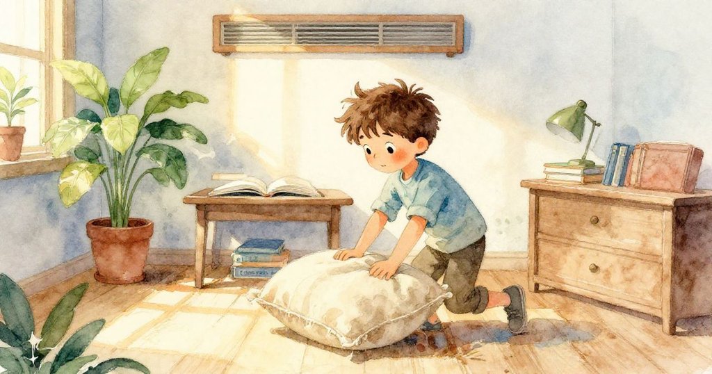 在柔和晨光的室內，Cal推開舊窗墊，露出嗡嗡作響的通風口，他神情專注且謹慎，預示故事啟動與探索開始的序幕