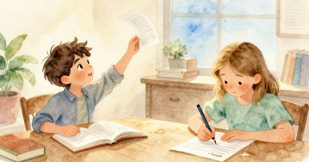 Cal伸手抓那飄浮的號碼紙，Stella俯身用鉛筆寫歷史筆記，室內暖光映照下動靜交織，情節逐步推進