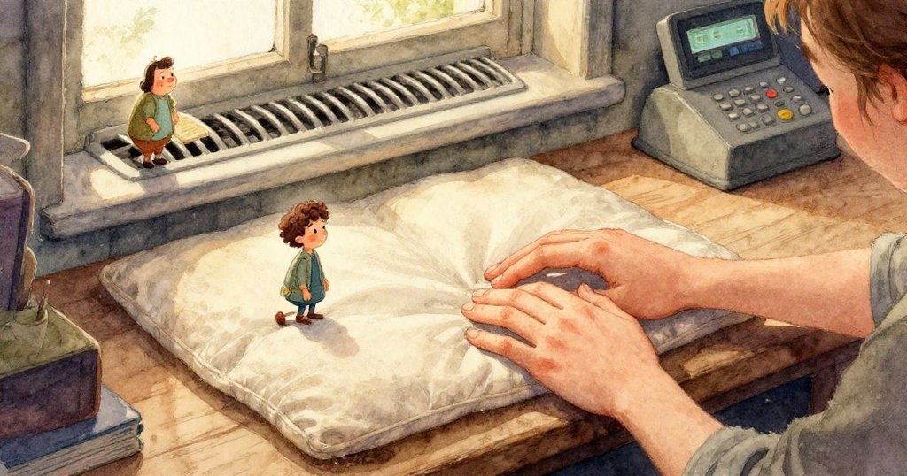 透過玻璃看見墊子緊靠通風口，細風吹拂形成氣流弧線，燈光低鳴映襯出室內靜謐微妙變化