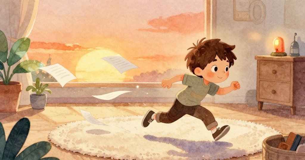 Cal急速奔跑於柔軟地毯上追逐飄走的號碼紙，臉上流露決心與焦急，背景中廣播警告聲隱隱響起，情節緊湊展開