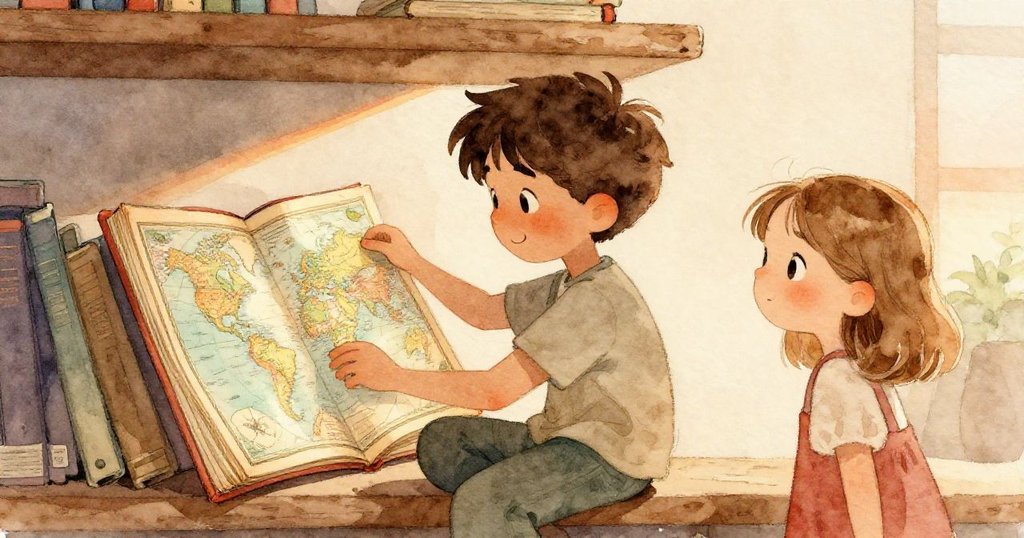 Cal小心拉出沉重的世界地圖書，Stella在旁溫柔觀望，室內陣列書架營造出信任與默契的轉折瞬間