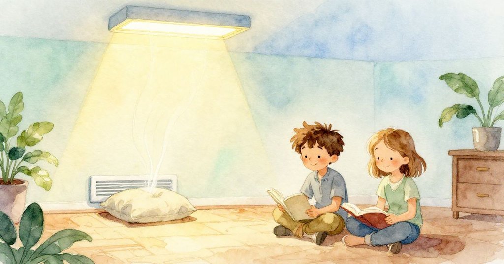 在穩定柔光下，Cal與Stella互展寬慰微笑，墊子穩阻通風口，室內恢復平靜，展現故事和諧且溫馨的終章