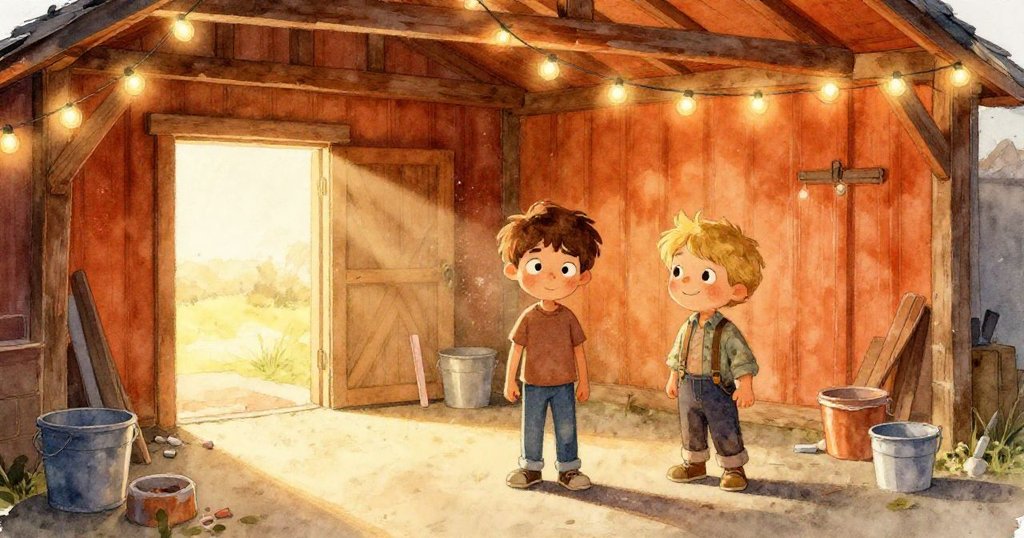 柯賓與里斯在破曉光線中的工作棚外景,散落工具與陽光映射,氣氛溫馨充滿期待