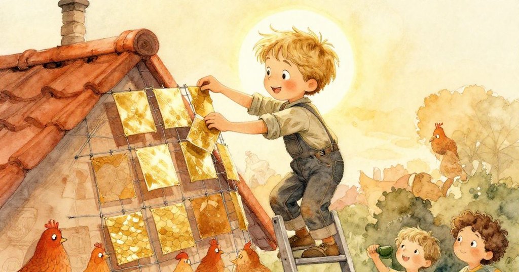 里斯站在梯子上,在屋頂光暈下仔細壓貼金色紙巾,動作專注又充滿童趣