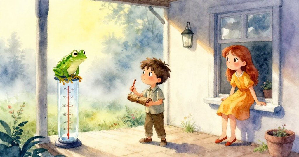 格里夫和艾黛在朦朧晨霧中走向木質門廊，綠蛙依附於玻璃雨量器，環境溫馨、充滿期待