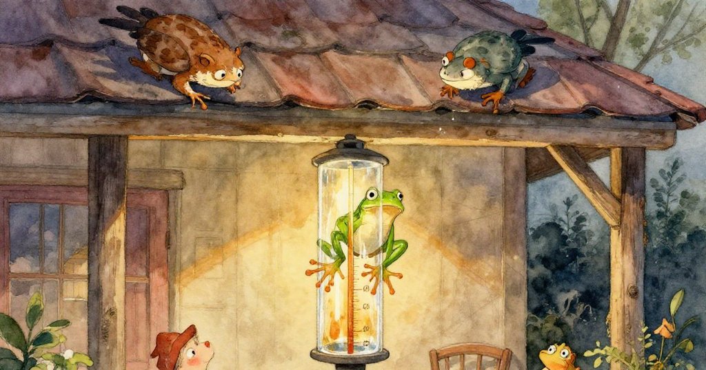 艾黛穩定著玻璃雨量器，特寫下水滴與數字反射清晰，青蛙小腳輕點玻璃，細膩質感展現細節