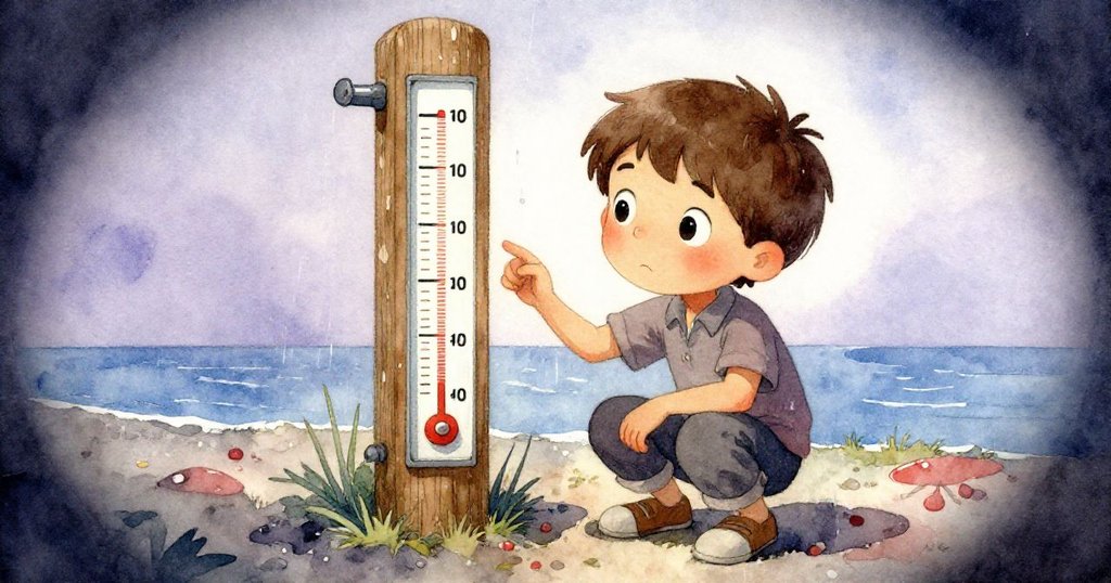 格里夫蹲身仔細查看變形的雨量器刻度，扭曲的木柱增添奇幻感，表情專注解決困難