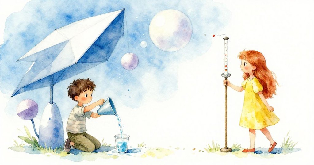 格里夫與艾黛在奇異幾何背景中合作操作量水工具，格里夫用備用漏斗倒水，場面充滿夢幻色彩