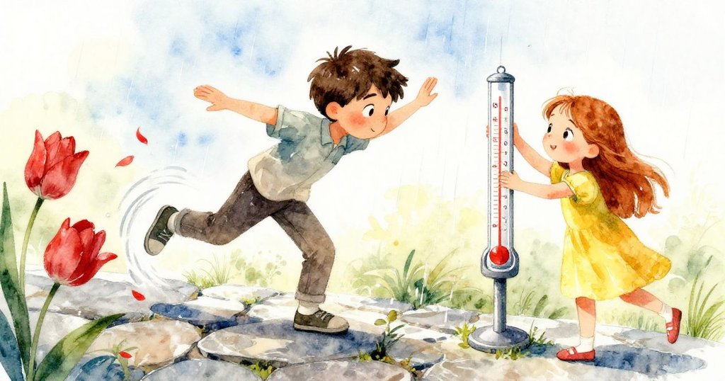 格里夫穩站於砂岩上，艾黛穩持雨量器，背景中焦糖色雨痕與紅色鬱金香花瓣動感飄散，氣氛生動