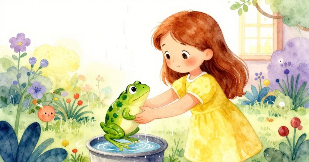 艾黛溫柔地把青蛙從雨量器邊緣救出，臉上洋溢滿足微笑，花園裡滲透著雨後清新的氣息與未來希望