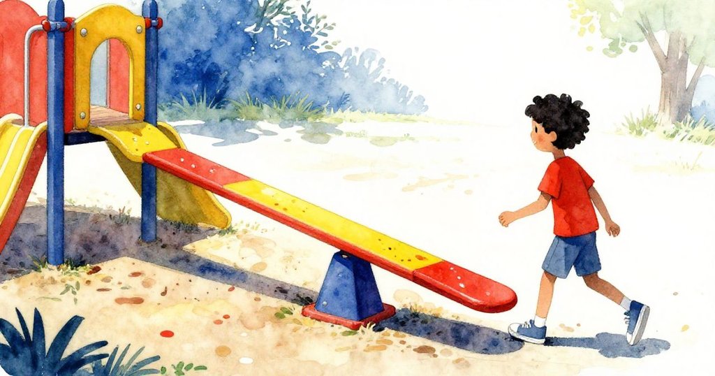 Theo走向遊樂場的翹翹板，背景中展示油跡及糖漬痕跡，陽光下輪廓分明，洋溢著冒險與期待情緒。