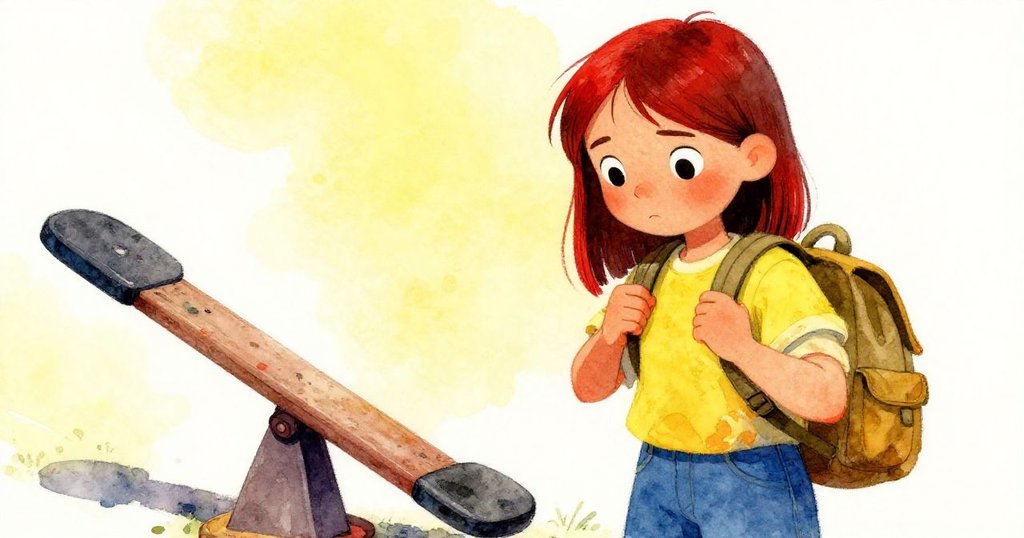 Lark站在翹翹板邊，細察背包及黏膩痕跡，臉上流露堅定的決心，準備調整平衡，充滿計劃性。