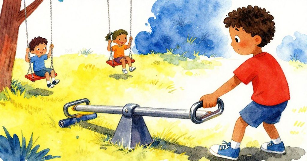 Theo從第一人稱視角感受熱金屬手把，翹翹板向上傾斜，背景中孩子在鞦韆上驚呼互動，氣氛緊張活躍。