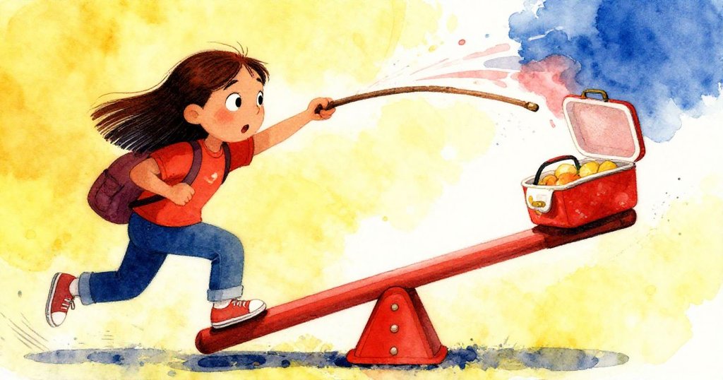 Lark果斷用棍棒彈出午餐盒，瞬間動作定格，畫面充滿決心與緊張，改變翹翹板平衡狀態。