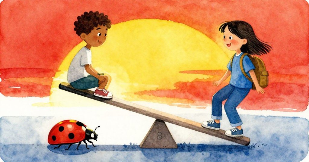 Theo與Lark共享平衡喜悅，翹翹板穩定，夕陽餘暉中小瓢蟲走過發光油痕，場面寧靜和諧。