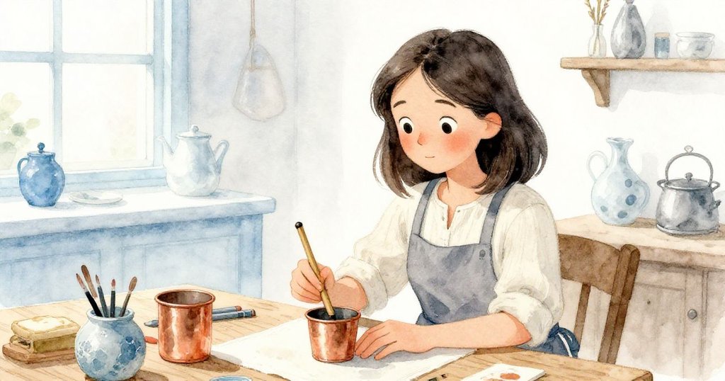 Gwen 正在寧靜工作室內準備竹筆及銅杯,神情溫和,背景冰藍雪白展開開場場景。