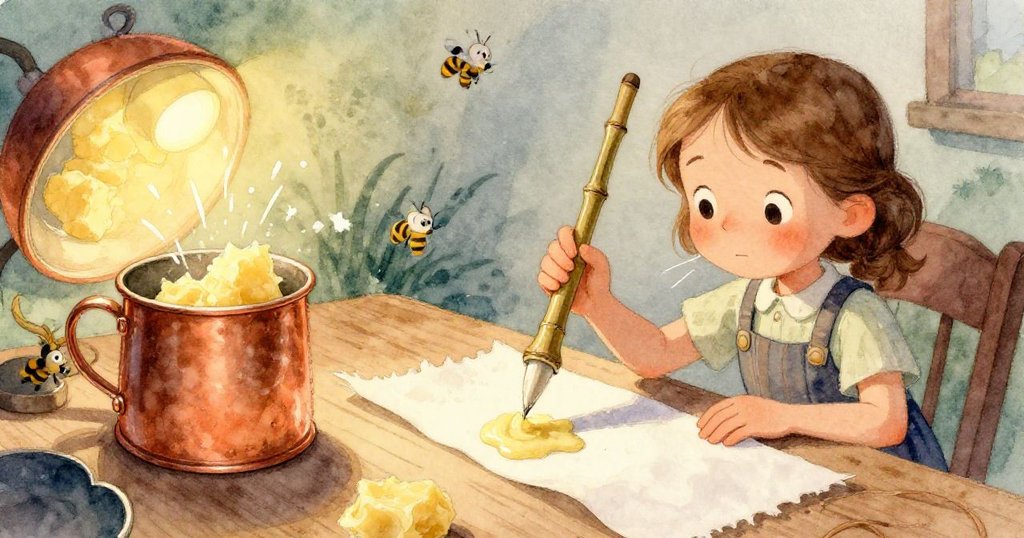 Gwen 的手細緻操作,竹筆沾蜂蠟滴落於棉條上,特寫展現材質細節與柔和光影,工藝感十足。