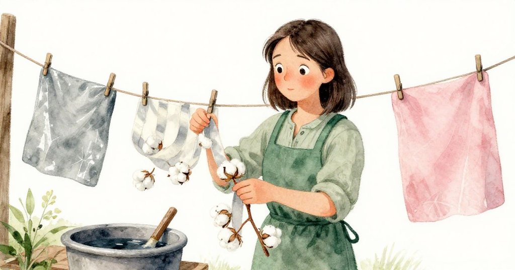 Gwen 正在多層次場景中整理新修剪之棉布,將布條挂在風化繩上,背景呈現自然光影與柔和色調。