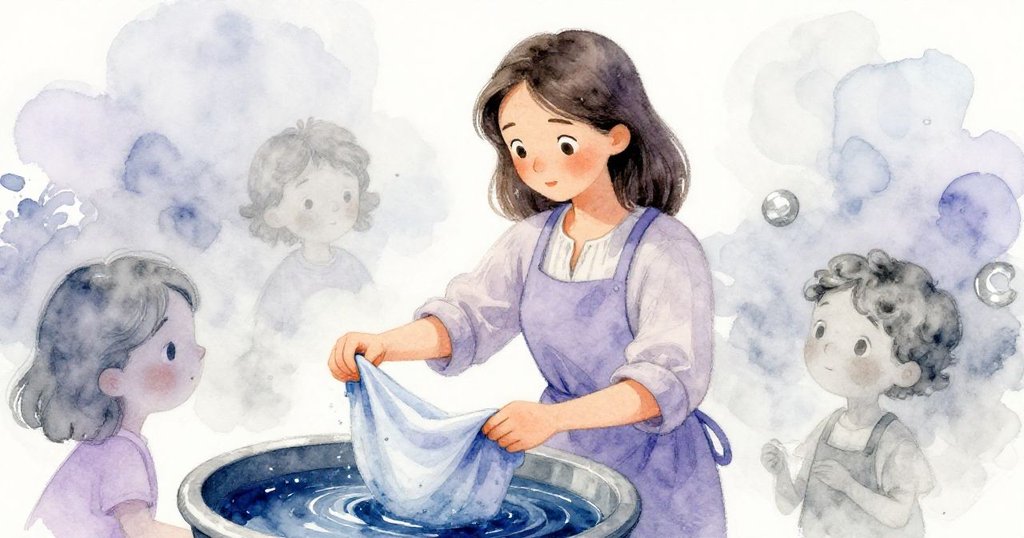 Gwen 帶著懷舊神情專注折疊布料,輕觸靛藍缸邊,柔和光影中流露出溫柔的記憶與藝術情懷。