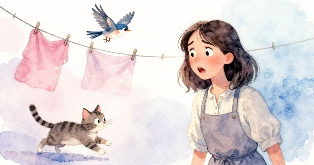 Gwen 驚訝地看著突如其來的鈴聲引發貓隻急奔與麻雀展翅,旗石與搖晃曬衣繩增添緊張氣氛。