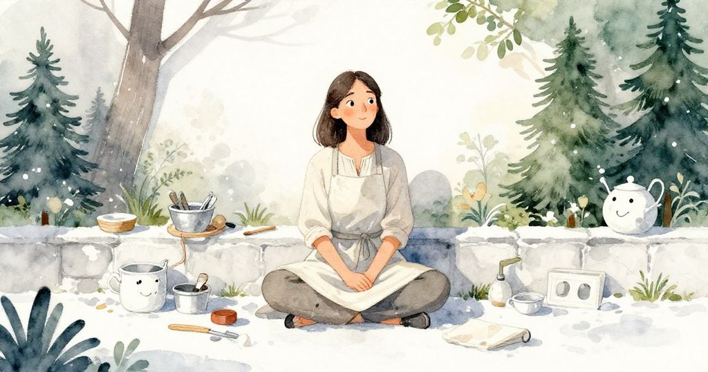 Gwen 坐於院牆旁安然休憩,手邊散落著工藝工具與線頭,溫柔午後光線映出平和滿足心情。