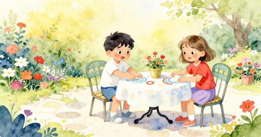 格蘭特與Uma在陽光普照的花園中清掃桌椅，背景展示石徑與植物，兩人滿懷活力，展現早晨合作情景。