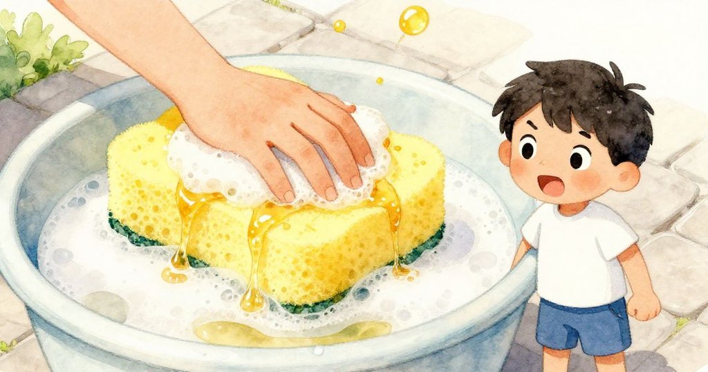 格蘭特專注於操作泛起泡沫的金色洗潔水盆，橙色海綿滴著焦糖色洗劑，細緻展現清潔工具與動作。