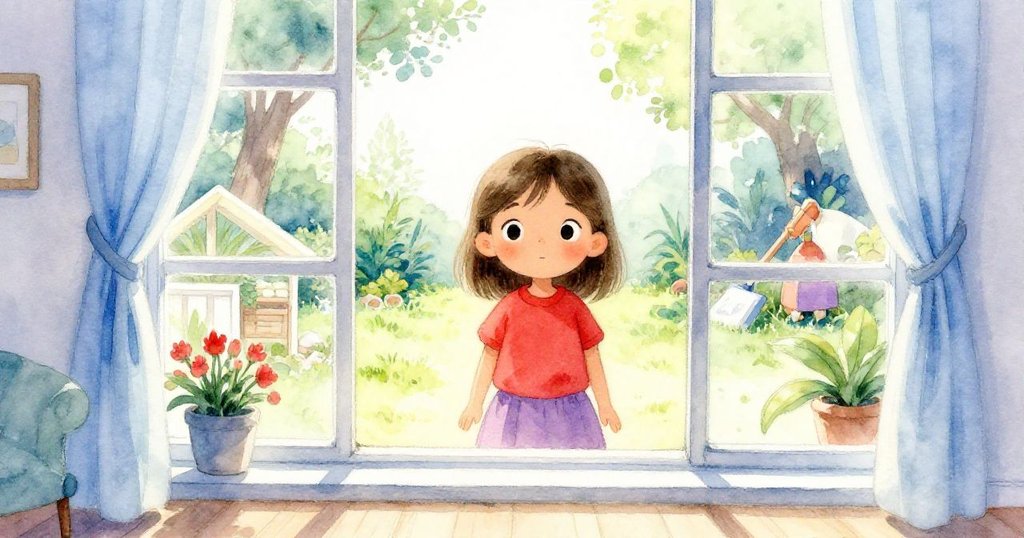 透過窗戶可見Uma在室內溫馨環境中凝望花園，窗外Grant忙碌清掃，光影交融展現家庭溫暖與活力。