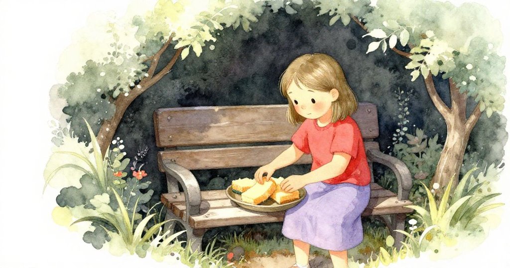 Uma在隱蔽的花園角落整理乾海綿，背景有老舊長椅與綠意，氛圍靜謐神秘，展現準備環節過程。