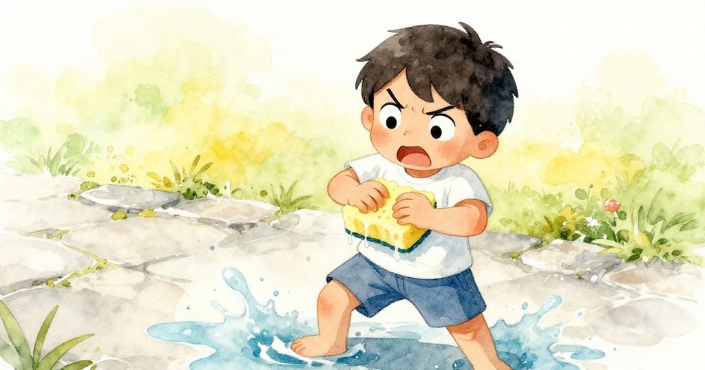 格蘭特努力抱住滑溜的海綿，水珠飛濺，他面露堅定與挑戰之情，在戶外石徑上展現奮鬥過程。