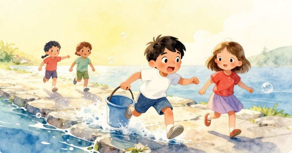 格蘭特與Uma相視點頭，桶子順著泡沫石徑滑行，夕陽灑下金光與泡泡，留白敘事引人遐思。