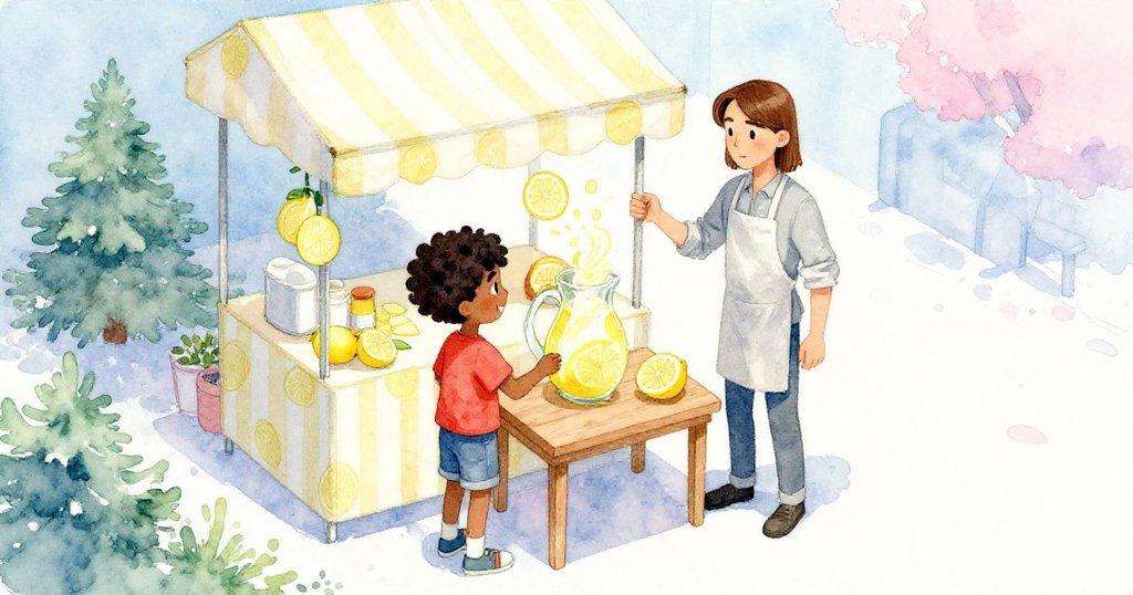 Dean指揮Griffon操作桌上玻璃容器，從高處俯瞰檸檬攤台，桌面上汁液旋轉，兩人神情專注，展現故事開端。