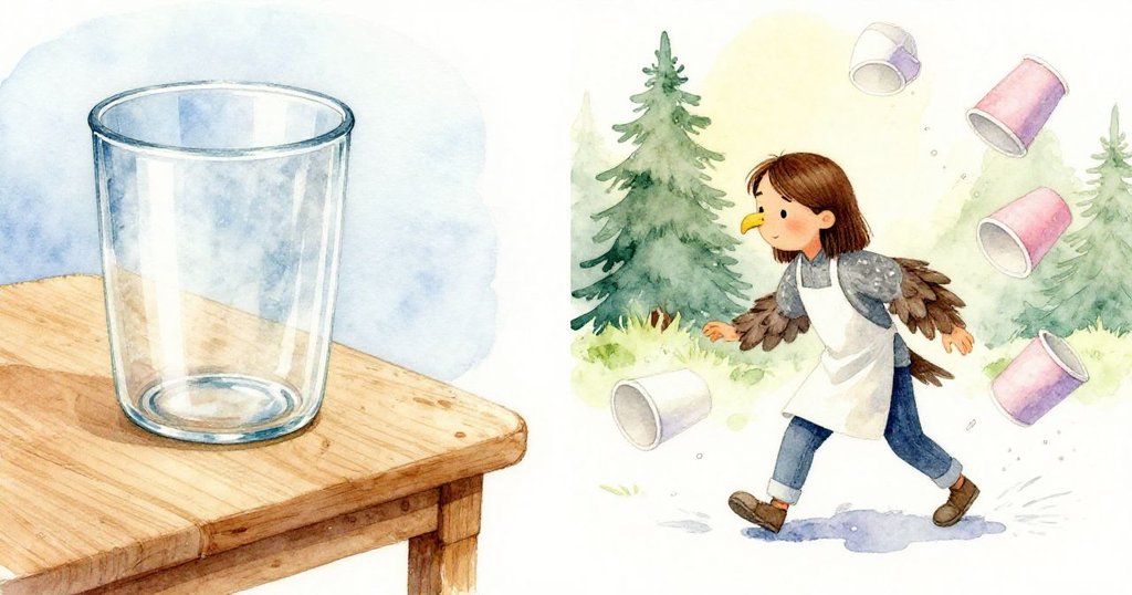 Griffon操控玻璃容器滑過桌面，紙杯因震動邊緣滑落，左右兩面動作並列呈現，展現連續細膩動感。