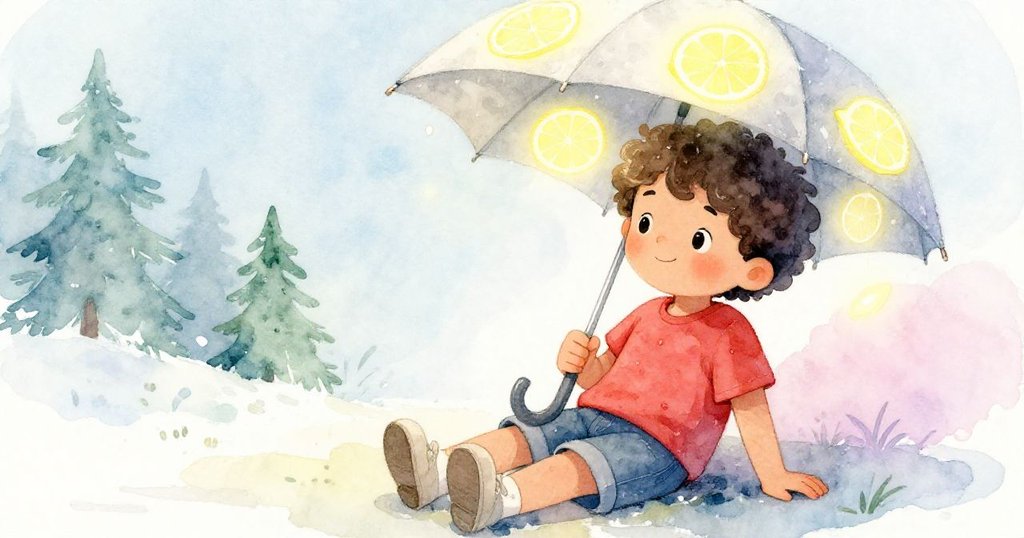 Dean在傘下靜坐欣賞濕紙板上閃亮的檸檬圖案，神情平和滿足，隨著一天忙碌告一段落，環境寧靜溫柔。