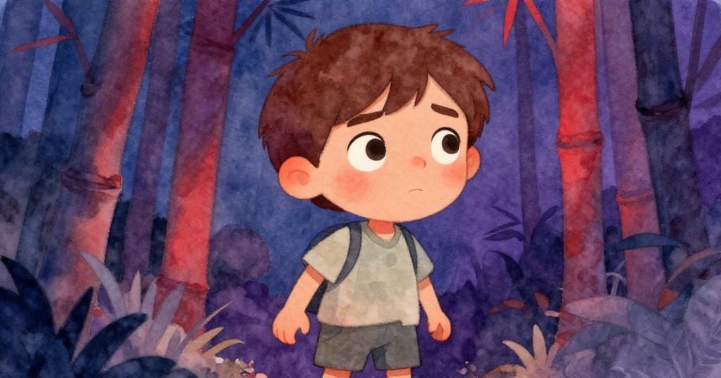 拉斐爾面部特寫，眉頭微蹙展現專注與好奇，背景中隱約見到竹林與柔和陰影，情緒生動。