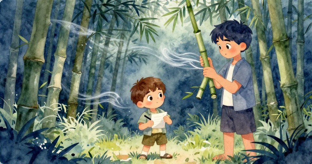 從後方看，德雷克正仔細記錄，拉斐爾在背景中敲打竹子，微風輕拂竹林，動靜結合充滿探索氣息。