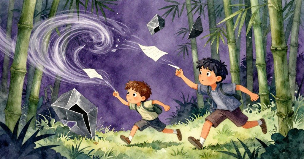 突如其來的陣風捲起筆記本頁，拉斐爾與德雷克急速追逐，竹林中紙張飛舞呈現超現實動感場面。