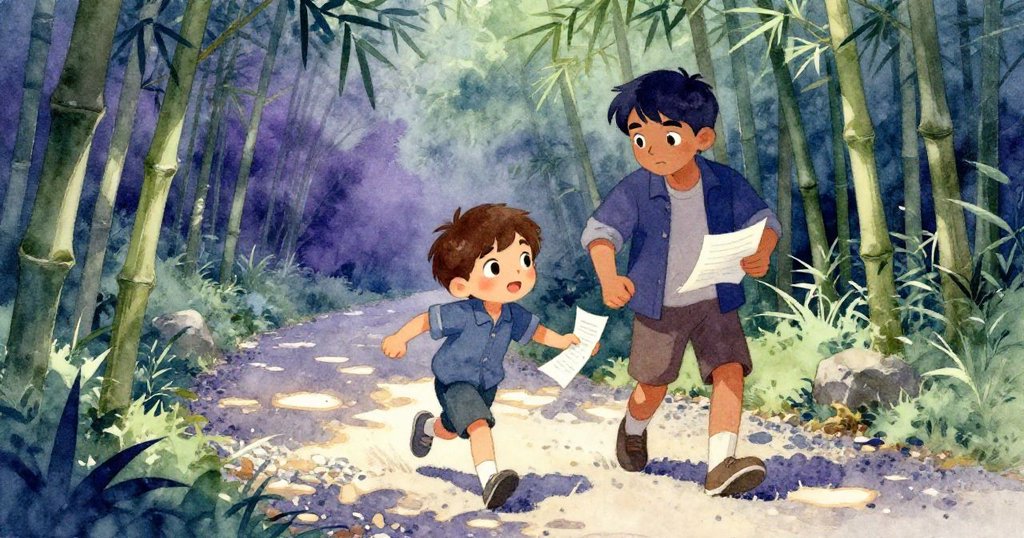 拉斐爾在碎石小徑上奔跑歸來，德雷克手持筆記本頁，兩兄弟在竹林中重聚，光影斑駁表達冒險情懷。