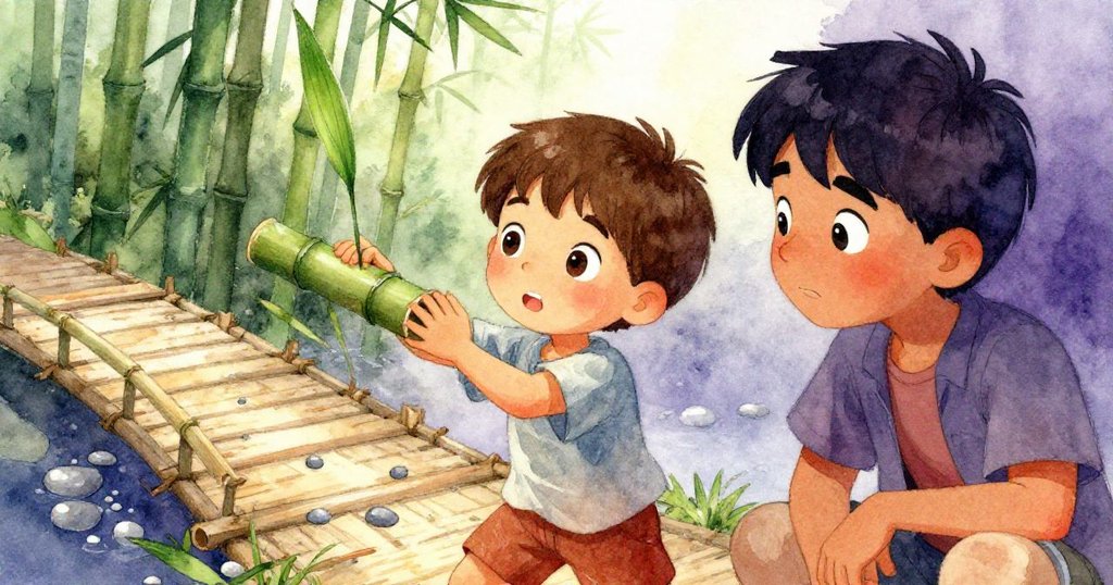 最終，拉斐爾在竹管凹槽中的綠葉旁精準敲擊發出共鳴聲，德雷克滿意點頭，背景中延伸的石子橋暗示新冒險展開。