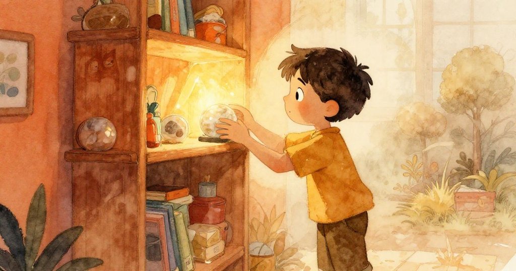 塔圖姆在溫暖燈光下的小房間內，專注地將閃亮彈珠放在書架上，房間柔和光影交錯，氣氛溫馨。