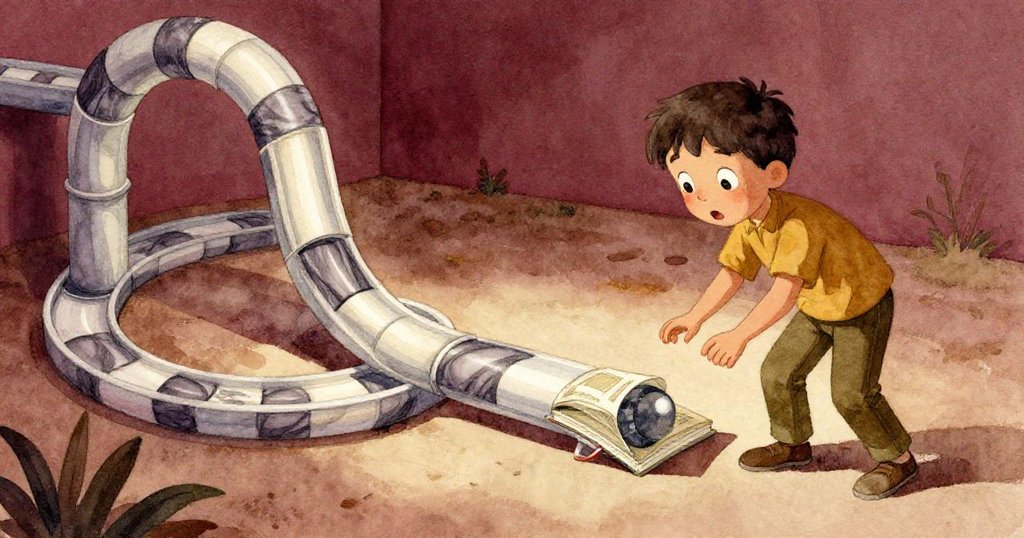 塔圖姆在燈光下發現彈珠停滯，由於一本薄平裝書卡住彎曲管道，他驚訝凝視檢查問題，場景角度獨特。