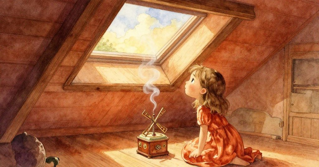 露西婭在斜屋頂下靜靜觀察著發條音樂盒奏完最後音符，香草煙霧從蠟燭旁飄向開放天窗，房內溫馨氛圍。