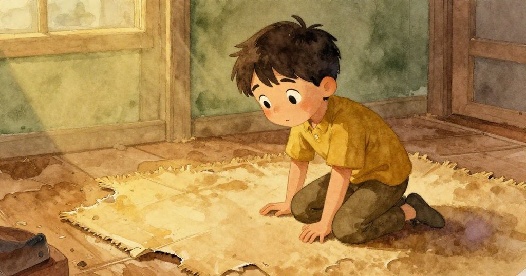 塔圖姆跪在溫暖地毯前，手觸摸因彈珠反覆撞擊而軟化的空隙，神情充滿好奇與關切，準備找出創意解決方案。