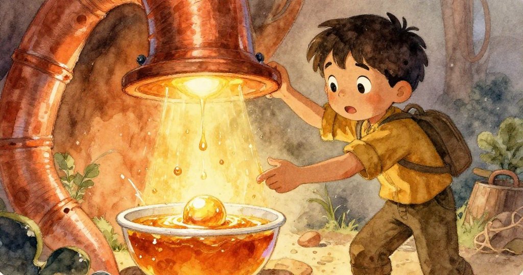 塔圖姆充滿決心調整木盤支撐管道，釋放彈珠順利進入蜂蜜色碗中，臉上洋溢著成功與冒險的喜悅，故事繼續展開。